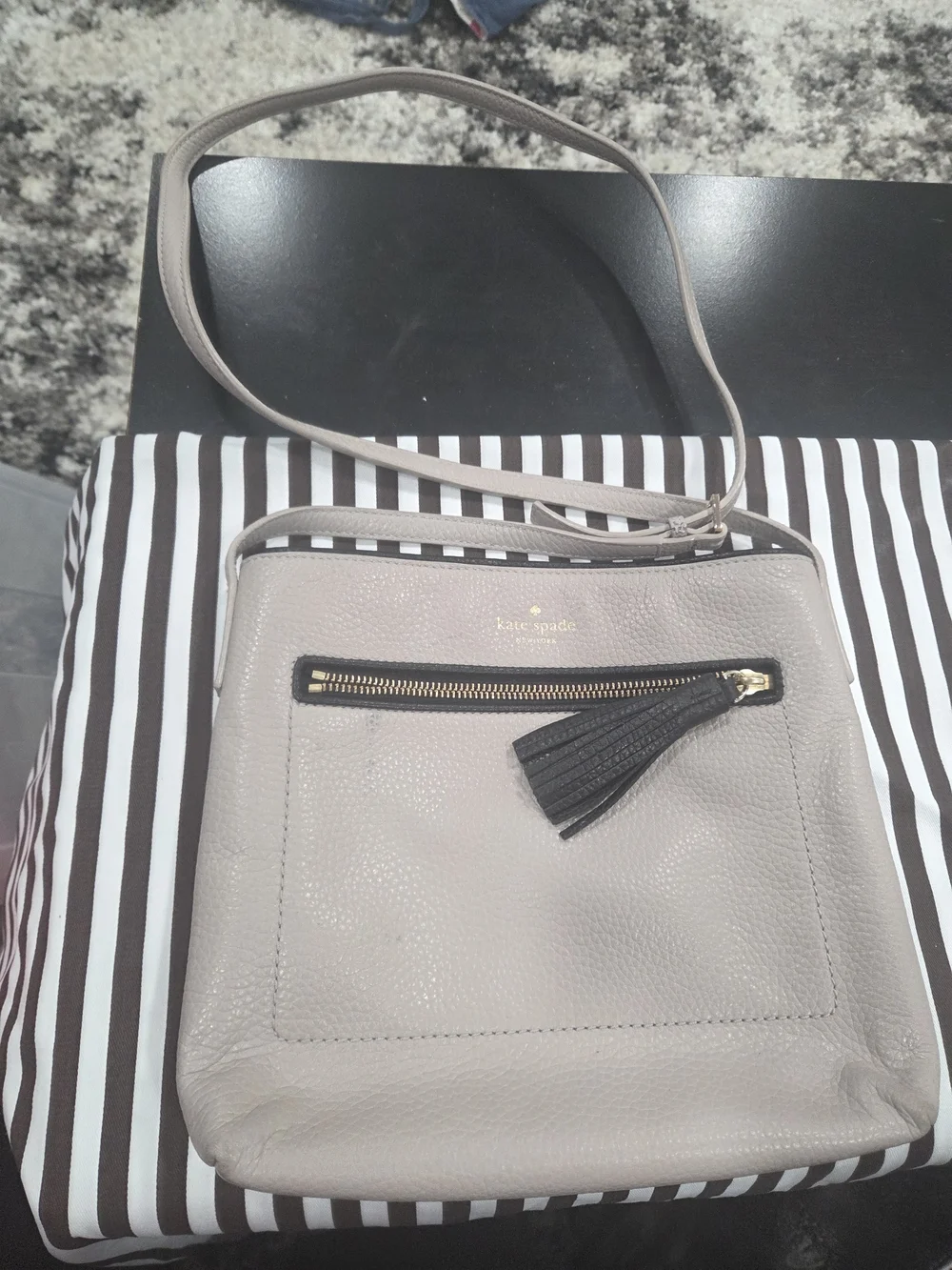 kate spade Pebbled Leather Crossbody in Taupe with Black Tassel